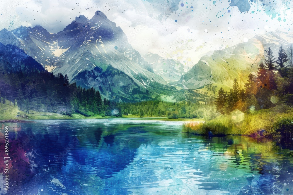 A beautiful watercolor painting of a mountain lake with snow capped peaks in the background. A beautiful watercolor painting of a mountain lake with snow capped peaks in the background.