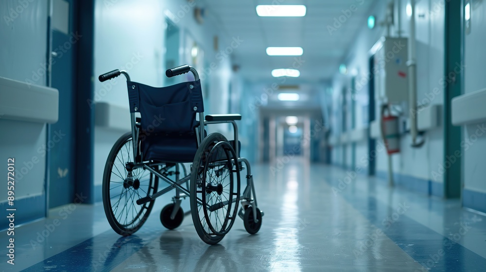 A wheelchair in the hospital corridor or hallway A wheelchair in the hospital corridor or hallway
