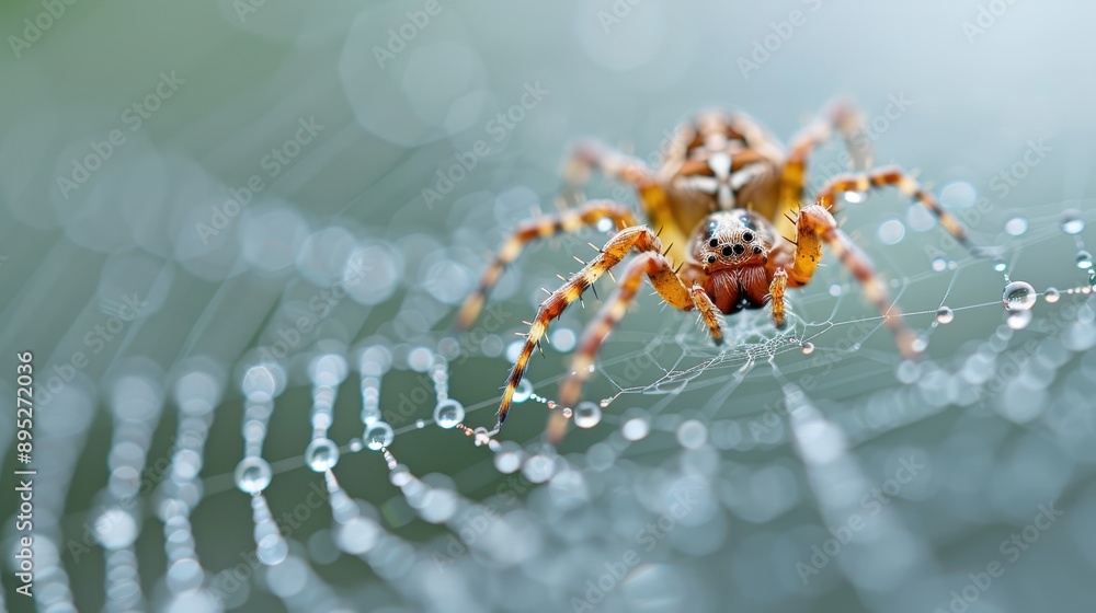 This image captures a detailed close-up of a spider positioned on its dewy web with a bokeh background, highlighting the intricate patterns and water droplets on the web. This image captures a detailed close-up of a spider positioned on its dewy web with a bokeh background, highlighting the intricate patterns and water droplets on the web.