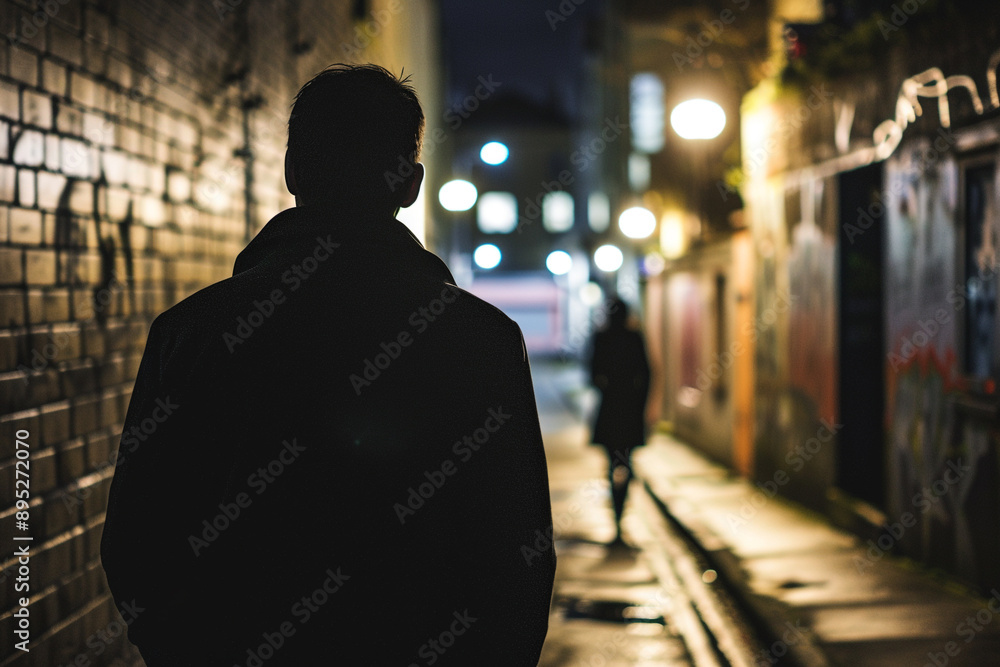 Obraz premium Man following woman in dark street, night, stalking, crime, mugger, scary worry violence, city danger silhouette life footsteps two people girl man, afraid.