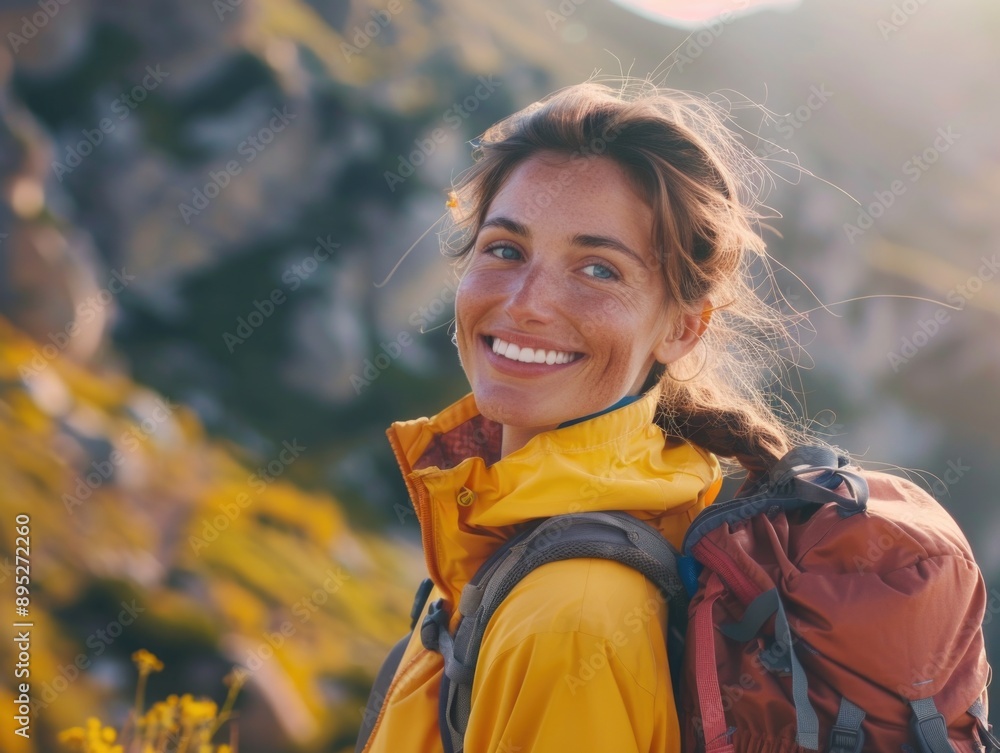 A happy woman wearing a yellow jacket smiles at the camera A happy woman wearing a yellow jacket smiles at the camera