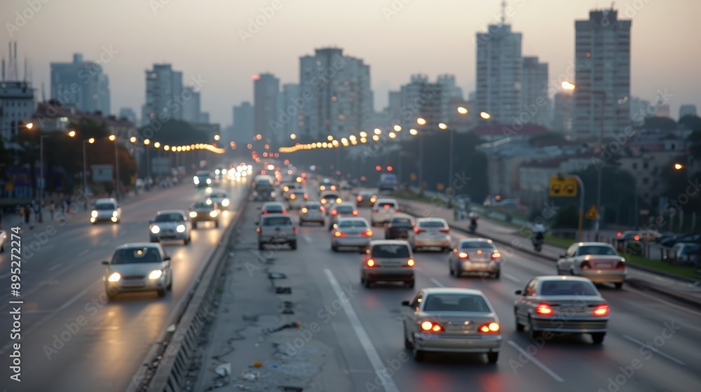 Obraz premium A bustling city road filled with rows of cars and tall buildings as the twilight sets in. Urban life is depicted with the lights of the vehicles and the cityscape.
