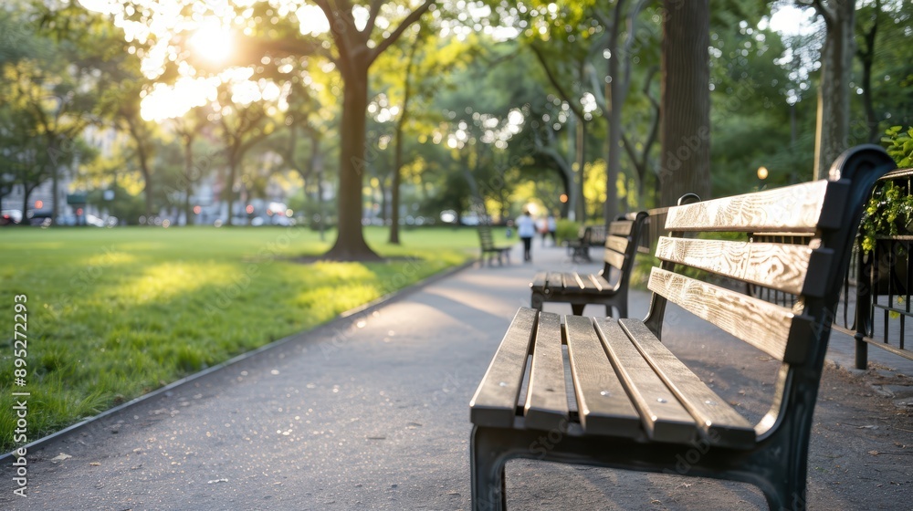The image showcases a peaceful park scene with wooden benches along a paved path, bathed in sunlight filtering through the trees, inviting relaxation and tranquility. The image showcases a peaceful park scene with wooden benches along a paved path, bathed in sunlight filtering through the trees, inviting relaxation and tranquility.