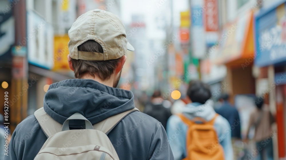 A man wearing a backpack walks down a busy and vibrant street filled with people and colorful signs, encapsulating the energy and hustle of city life. A man wearing a backpack walks down a busy and vibrant street filled with people and colorful signs, encapsulating the energy and hustle of city life.