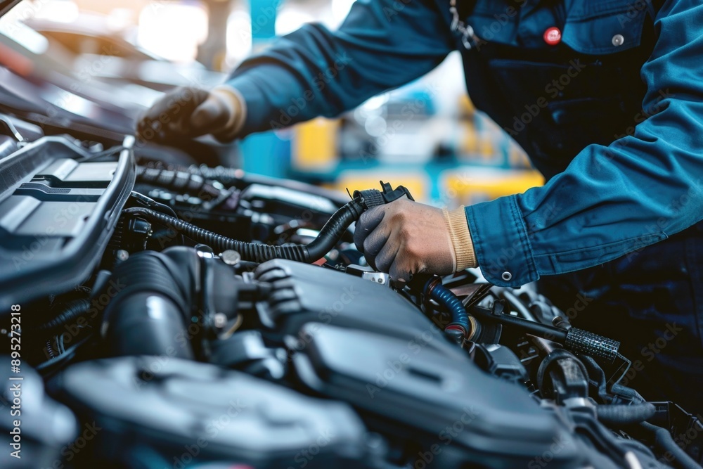 A person tinkering with a vehicle's engine in a garage setting A person tinkering with a vehicle's engine in a garage setting