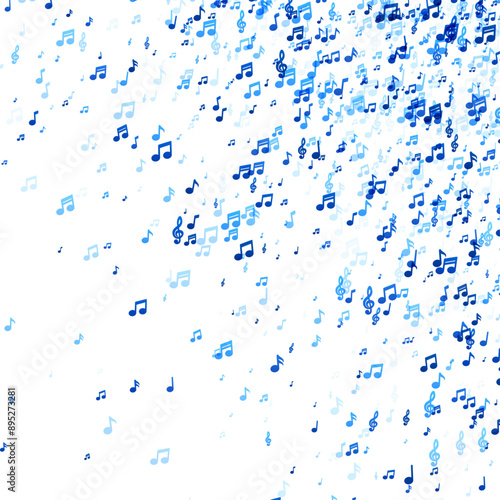 A light and airy display of blue musical notes of various shades and sizes, seemingly floating on a white canvas, evoking the lightness of a musical piece.