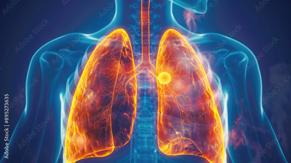 Close up of a human chest with lungs, in an x-ray style illustration on a blue background with red highlights on the lung area Close up of a human chest with lungs, in an x-ray style illustration on a blue background with red highlights on the lung area