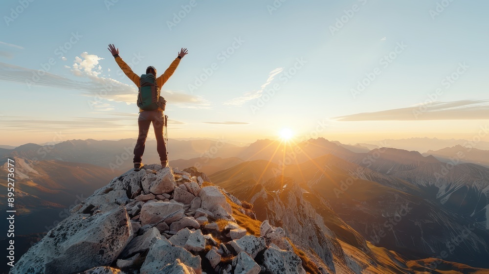 Obraz premium An individual with a backpack stands with arms raised on a rocky mountain summit at sunrise, representing freedom, triumph, and the beauty of nature in a breathtaking panoramic view.