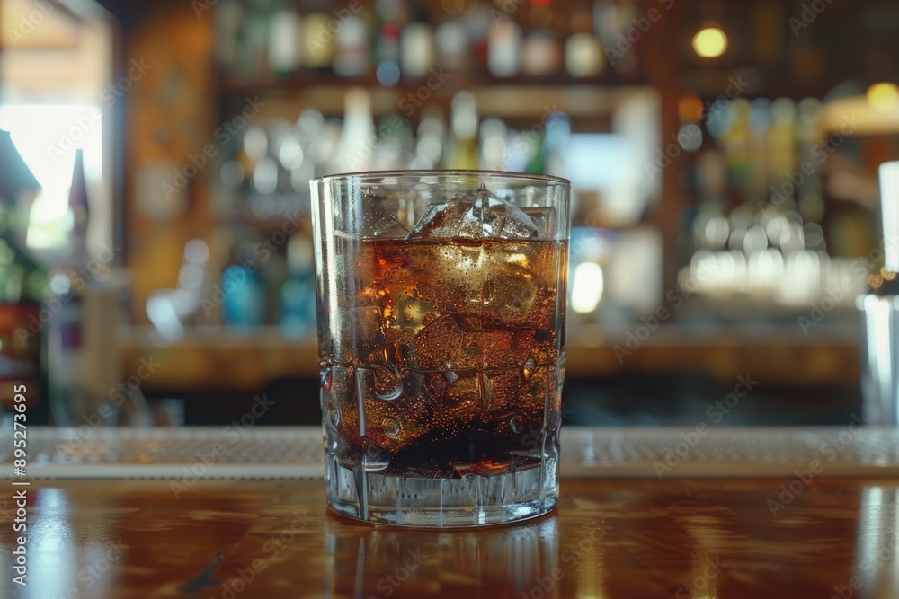 A glass of soda placed on a wooden table, suitable for use in advertising, marketing or editorial purposes A glass of soda placed on a wooden table, suitable for use in advertising, marketing or editorial purposes