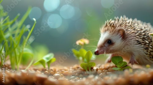 A cute hedgehog is seen exploring amidst greenery, surrounded by small plants and a blurred background, creating a captivating image of nature and wildlife interaction.