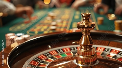 Image capturing a lively scene of people gathered around a roulette table in a casino environment, exuding a sense of camaraderie, excitement, and the thrill of gambling.