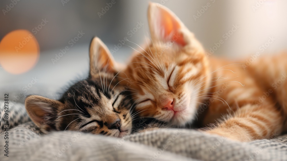 Two small kittens, one with orange stripes and the other with darker markings, sleep soundly snuggled against each other on a cozy, soft blanket in a peaceful indoor setting. Two small kittens, one with orange stripes and the other with darker markings, sleep soundly snuggled against each other on a cozy, soft blanket in a peaceful indoor setting.