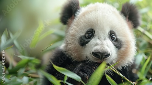 A close-up photo of a panda bear contentedly munching on bamboo stalks, nestled in a lush green forest, highlighting the panda's natural diet and serene habitat.