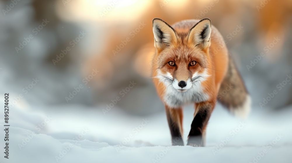 Obraz premium A beautiful fox with bright fur and sharp eyes is walking towards the camera in a snowy winter forest, capturing the essence of wildlife in a serene, cold environment.