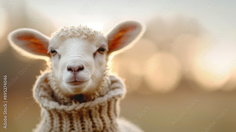 An adorable sheep clad in a knitted sweater stands against a softly lit sunset backdrop in a field, creating a heartwarming and rustic scene full of warmth. An adorable sheep clad in a knitted sweater stands against a softly lit sunset backdrop in a field, creating a heartwarming and rustic scene full of warmth.