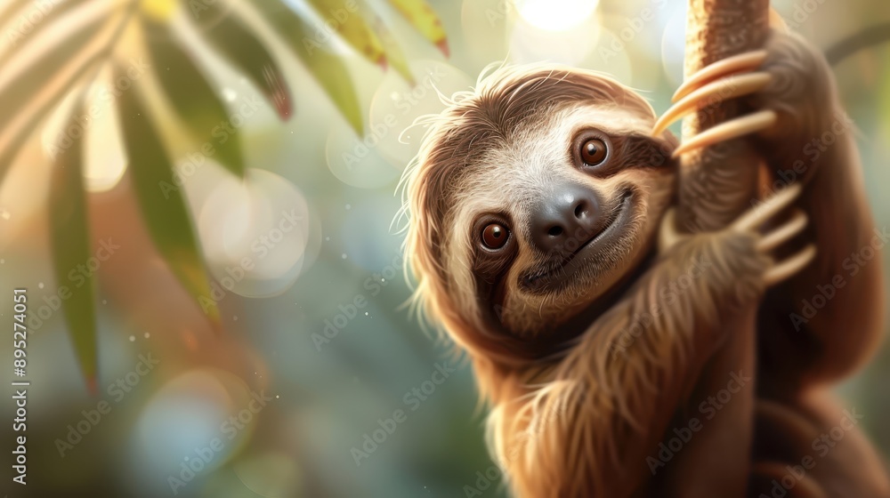 Naklejka premium A fluffy sloth is seen hanging upside down from a tree branch in a lush green jungle, embodying the essence of calmness and tranquility in its natural habitat.