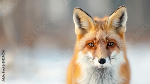 A close-up shot of a fox in the snow, showcasing its sharp alert expression and bright fur, encompassed by a serene, cold winter background, representing curiosity and mystery.