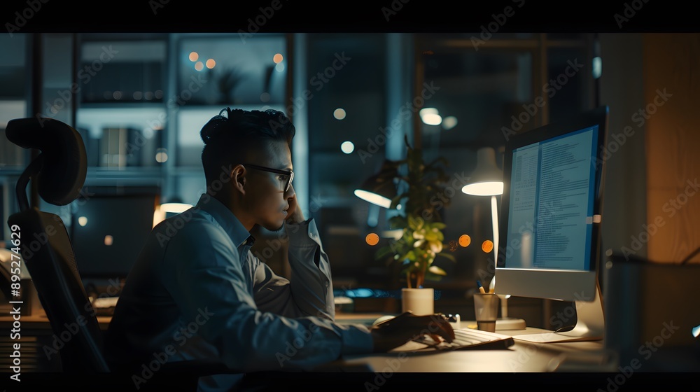 A young man in glasses sits at his desk working late at night. A young man in glasses sits at his desk working late at night.
