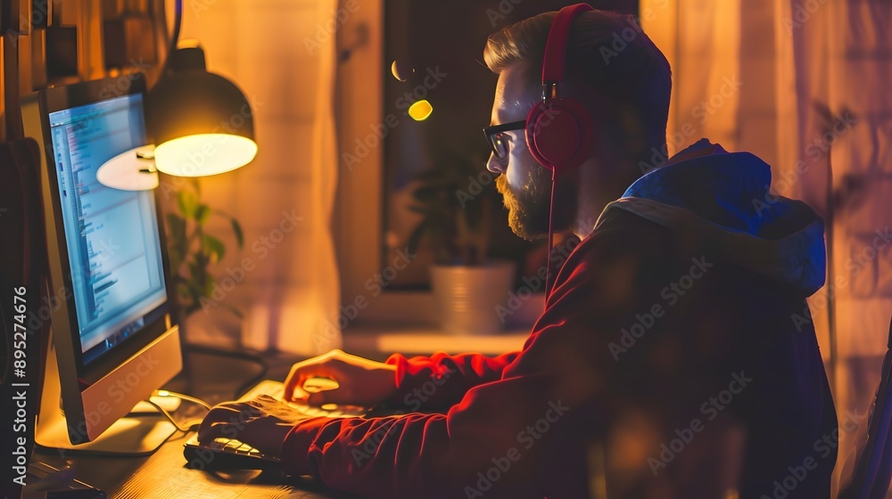 Man in red hoodie working on computer in dimly lit room.