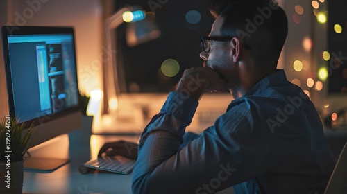 Man in glasses working late on his computer.