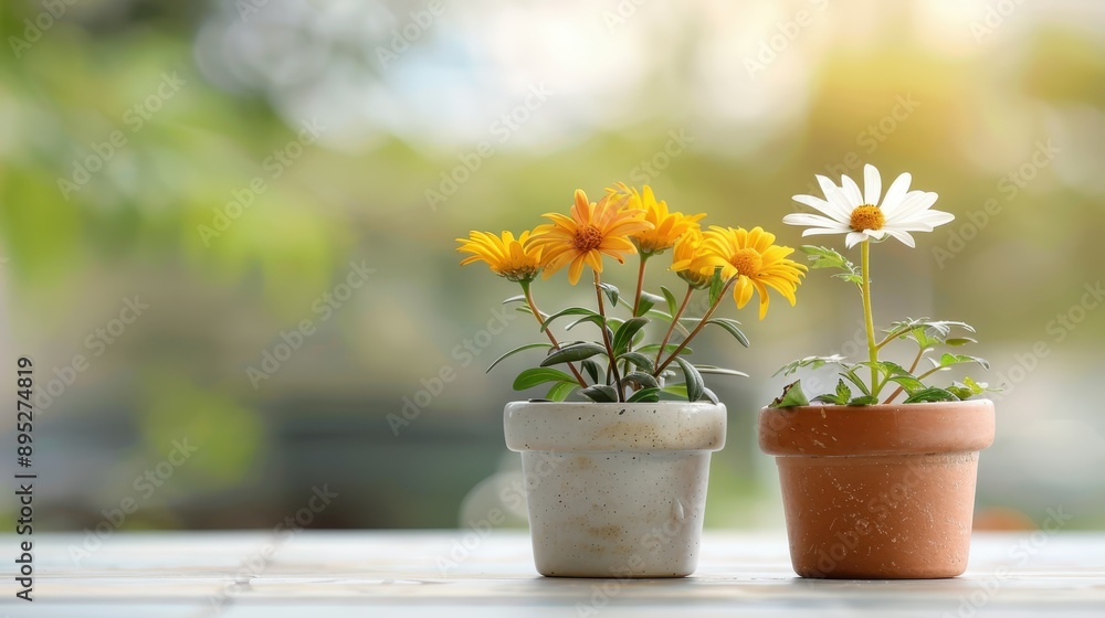 Fototapeta premium Pots of blooming yellow flowers and a single white daisy sit side by side on a sunlit outdoor table, symbolizing simplicity and the beauty of nature in everyday life.