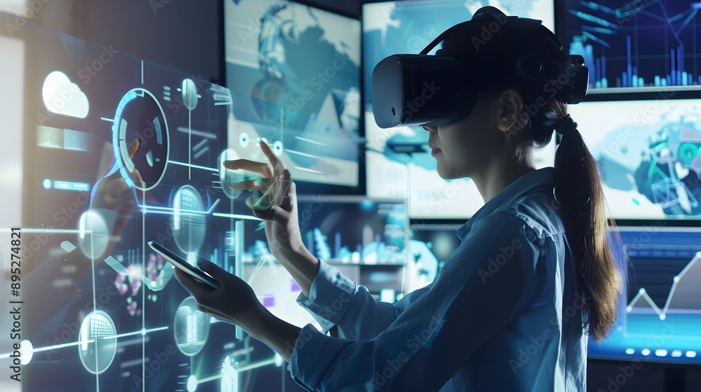 Young woman in VR headset interacts with digital data. Young woman in VR headset interacts with digital data.