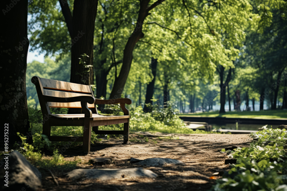 A serene park bench nestled under a canopy of trees, inviting relaxation and contemplation. Concept of tranquility and nature's embrace. Generative Ai. A serene park bench nestled under a canopy of trees, inviting relaxation and contemplation. Concept of tranquility and nature's embrace. Generative Ai.