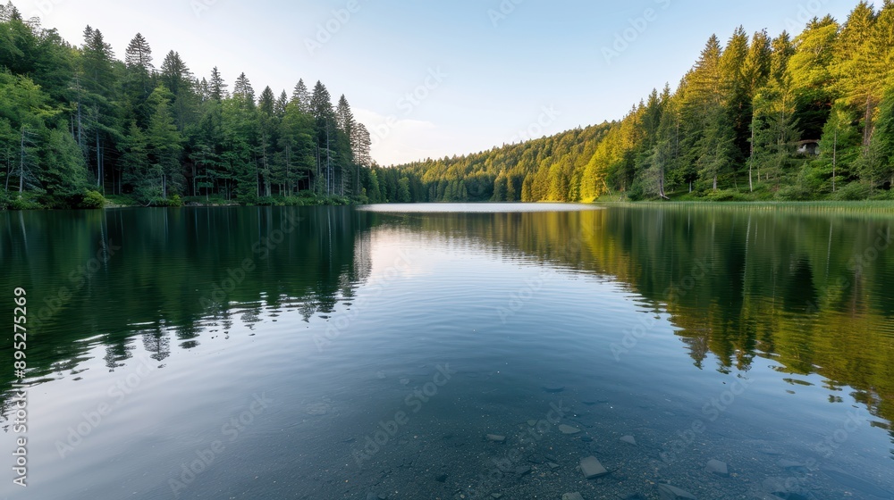 A pristine lake is surrounded by a dense, lush green forest under a bright sky, capturing the tranquil and untouched beauty of the natural environment. A pristine lake is surrounded by a dense, lush green forest under a bright sky, capturing the tranquil and untouched beauty of the natural environment.