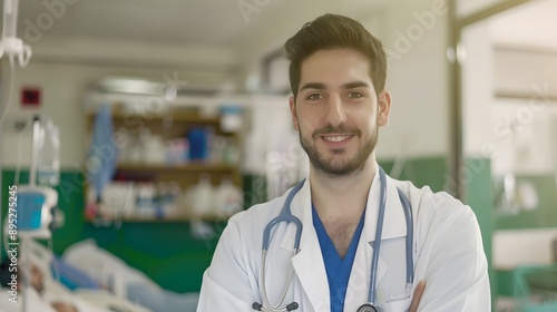 Smiling male doctor in a hospital room.