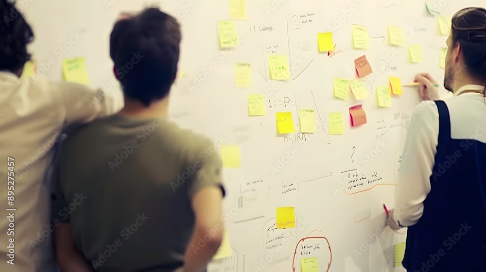 Team of three brainstorming on a whiteboard covered with sticky notes. Team of three brainstorming on a whiteboard covered with sticky notes.