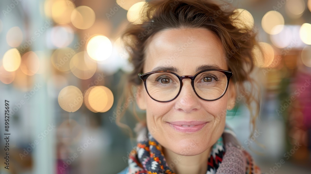 A friendly woman with curly hair, wearing glasses and a colorful scarf, smiling in a festive and warmly lit environment with blurred lights in the background. A friendly woman with curly hair, wearing glasses and a colorful scarf, smiling in a festive and warmly lit environment with blurred lights in the background.