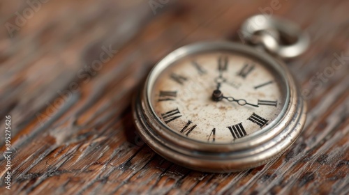 A detailed close-up image of a classic vintage pocket watch set on a rustic wooden surface, emphasizing the beauty and intricate design of the timepiece.