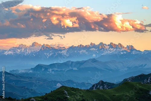 Beautiful mountain ranges at sunset. Zigana mountains view from Gumushane - Trabzon road. Black Sea geography. Northern Turkey - generative ai