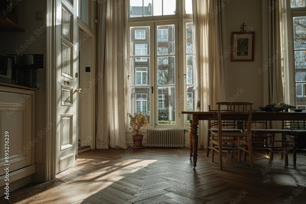 Interior of a room with a wooden table, chairs and a window Interior of a room with a wooden table, chairs and a window