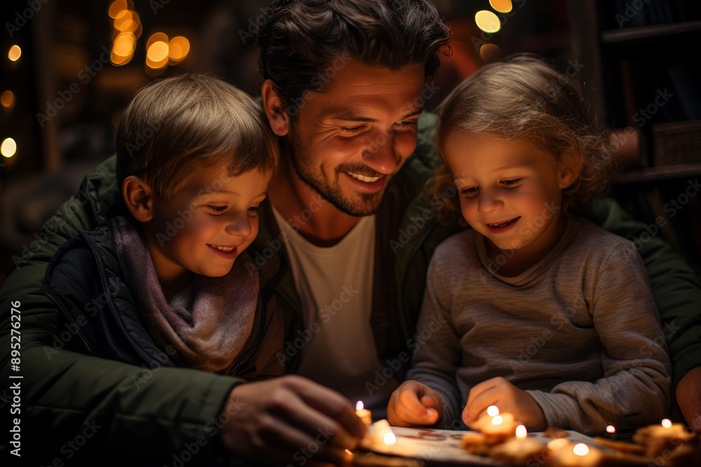 A father reading bedtime stories to his children, their faces illuminated by the soft glow of a bedside lamp. Concept of nurturing bedtime rituals and familial closeness. Generative Ai. A father reading bedtime stories to his children, their faces illuminated by the soft glow of a bedside lamp. Concept of nurturing bedtime rituals and familial closeness. Generative Ai.