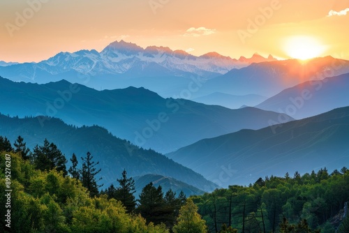 Beautiful mountain ranges at sunset. Zigana mountains view from Gumushane - Trabzon road. Black Sea geography. Northern Turkey - generative ai photo