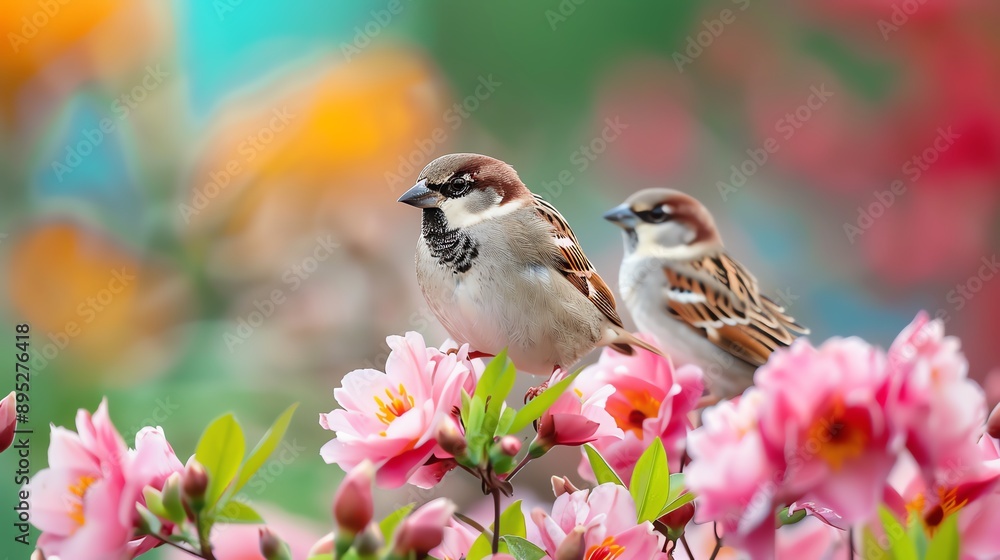 Birds with tiny straps perched among flowers, delicate and charming Birds with tiny straps perched among flowers, delicate and charming