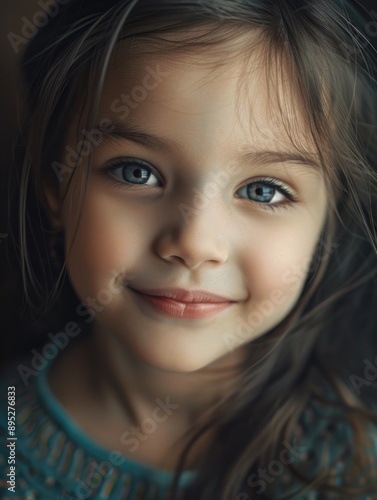 A close-up portrait of a young girl with striking blue eyes, perfect for use in editorial or commercial projects