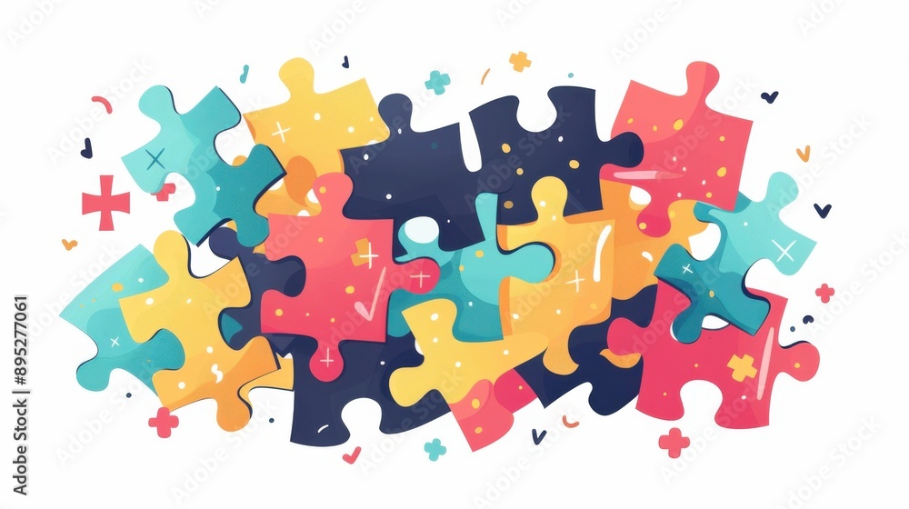 Naklejka premium A colorful jigsaw puzzle with a white background. The puzzle pieces are scattered all over the image, creating a sense of chaos and disarray. The colors of the puzzle pieces are vibrant
