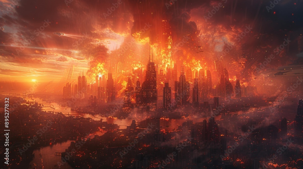 Fototapeta premium Burning futuristic city at sunset - generative ai