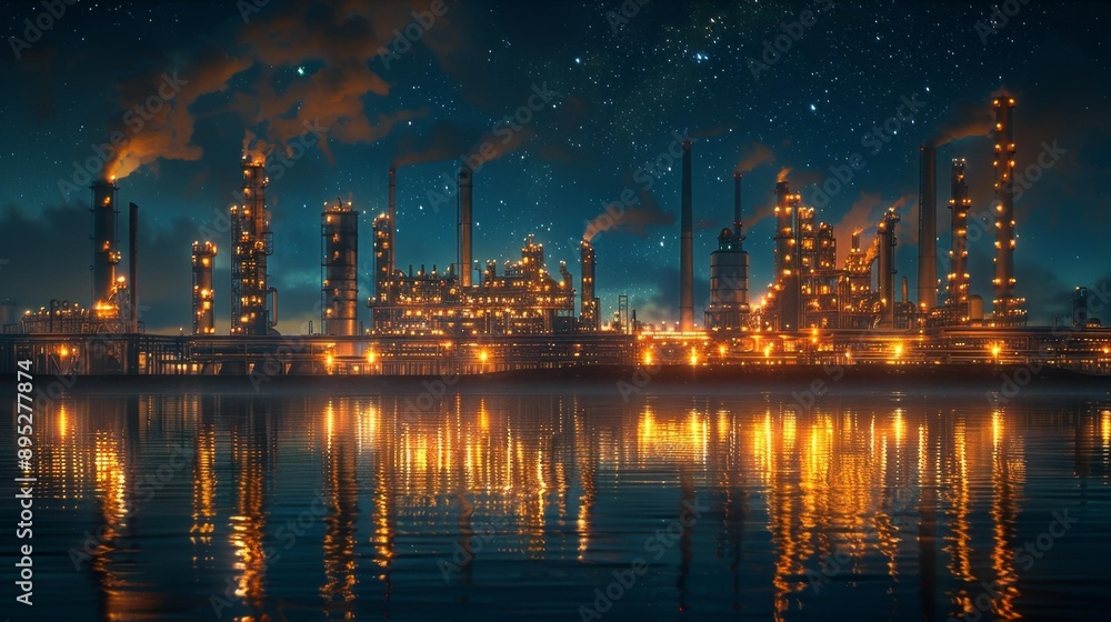 Industrial plant at night by the water - generative ai Industrial plant at night by the water - generative ai