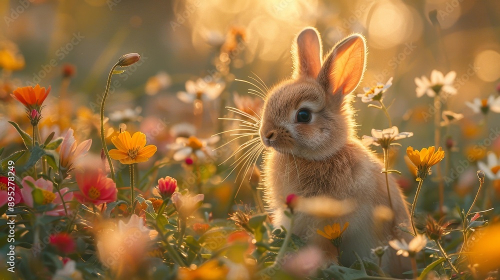 Cute bunny in a flower meadow - generative ai Cute bunny in a flower meadow - generative ai