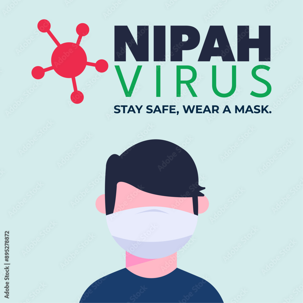 Nipah virus stay safe, wear a mask. Vector illustration with text, man with mask. Health, virology concept. Nipah virus stay safe, wear a mask. Vector illustration with text, man with mask. Health, virology concept.