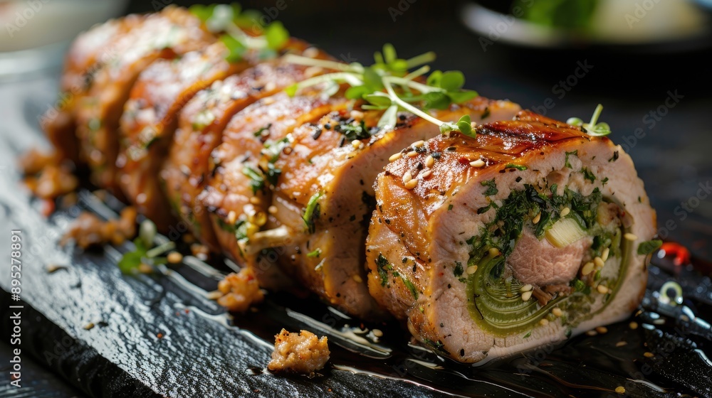 Pork and celery roll ready for serving Pork and celery roll ready for serving