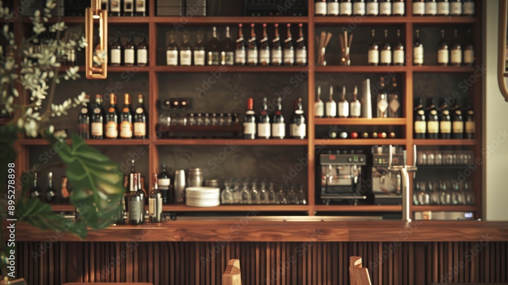 Interior of a modern pub with bar counter and shelves with bottles Interior of a modern pub with bar counter and shelves with bottles