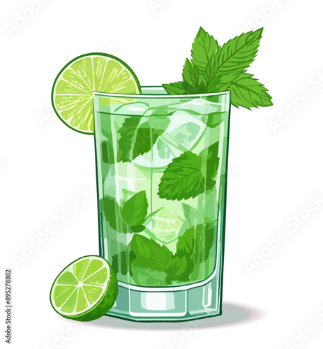 Alcoholic cocktail mojito recipe on black background. Bar drink, beverage in glass for menu and beverages lettering posters, wall decoration, prints, menu design. Hand drawn typography with sketches.