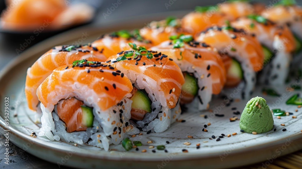 Delicious salmon sushi rolls - generative ai Delicious salmon sushi rolls - generative ai