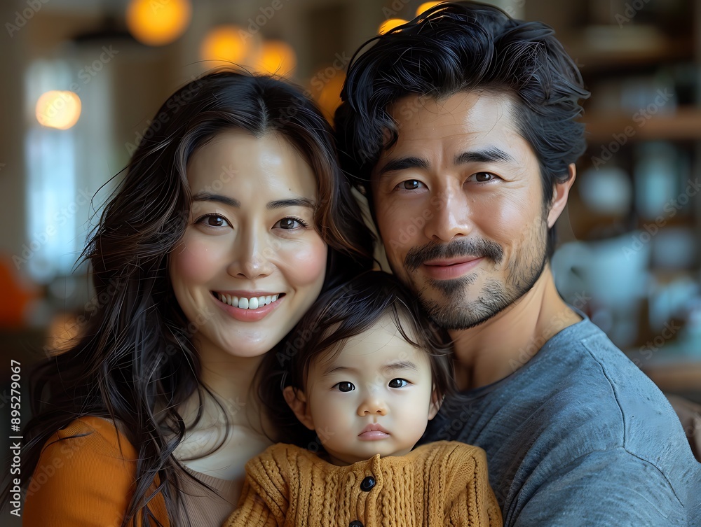 Portrait of a Korean family with parents and their young toddler kid at happy home 