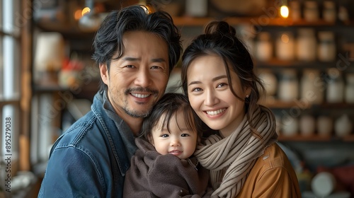  Portrait of a Korean family with parents and their young toddler kid at happy home 