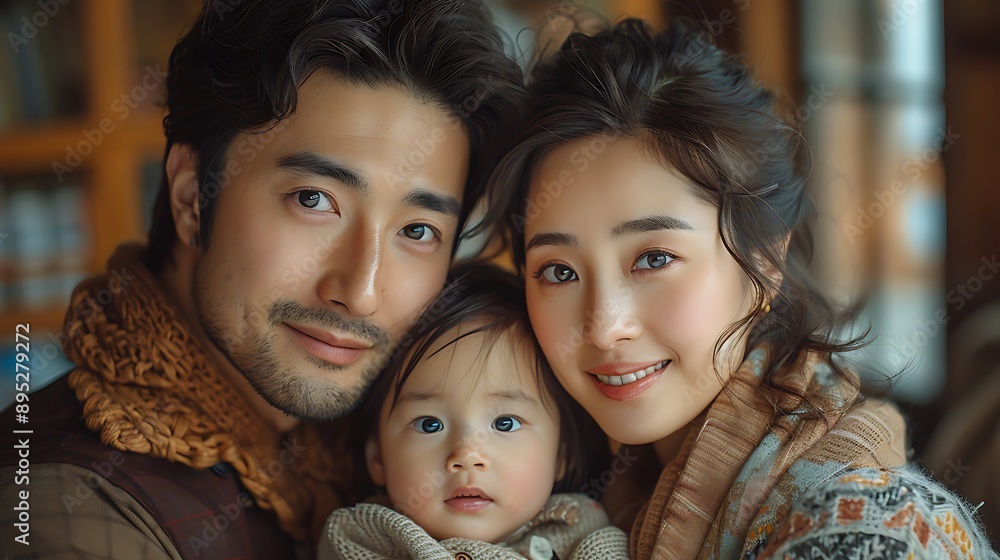 Portrait of a Korean family with parents and their young toddler kid at happy home Portrait of a Korean family with parents and their young toddler kid at happy home
